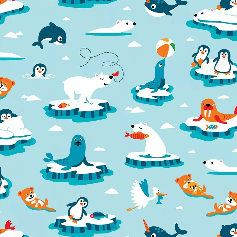 Zoo Animal Cotton Fabric by the yard - Freckle & Lollie - Frozen Follies Ice Blue